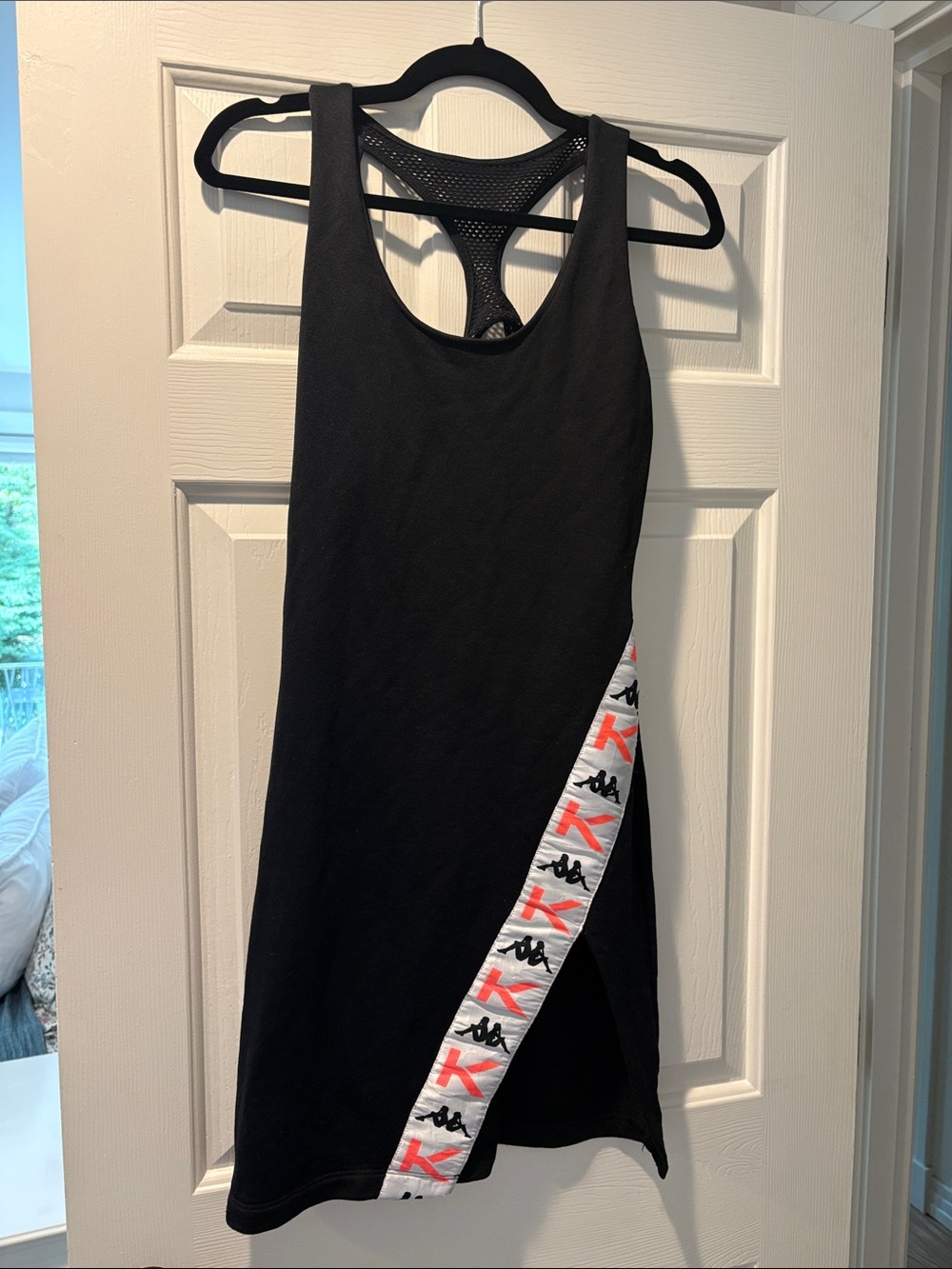 Koral Black Mini Dress with White Logo Tape and Coral Accents